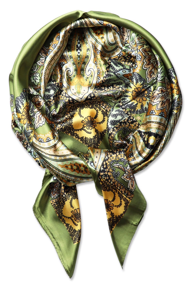 vabovin Silk Feeling Scarf Large Square Satin Head Scarf for Women 35 Ã— 35 inches (Olive Green Cashew) - Image 1